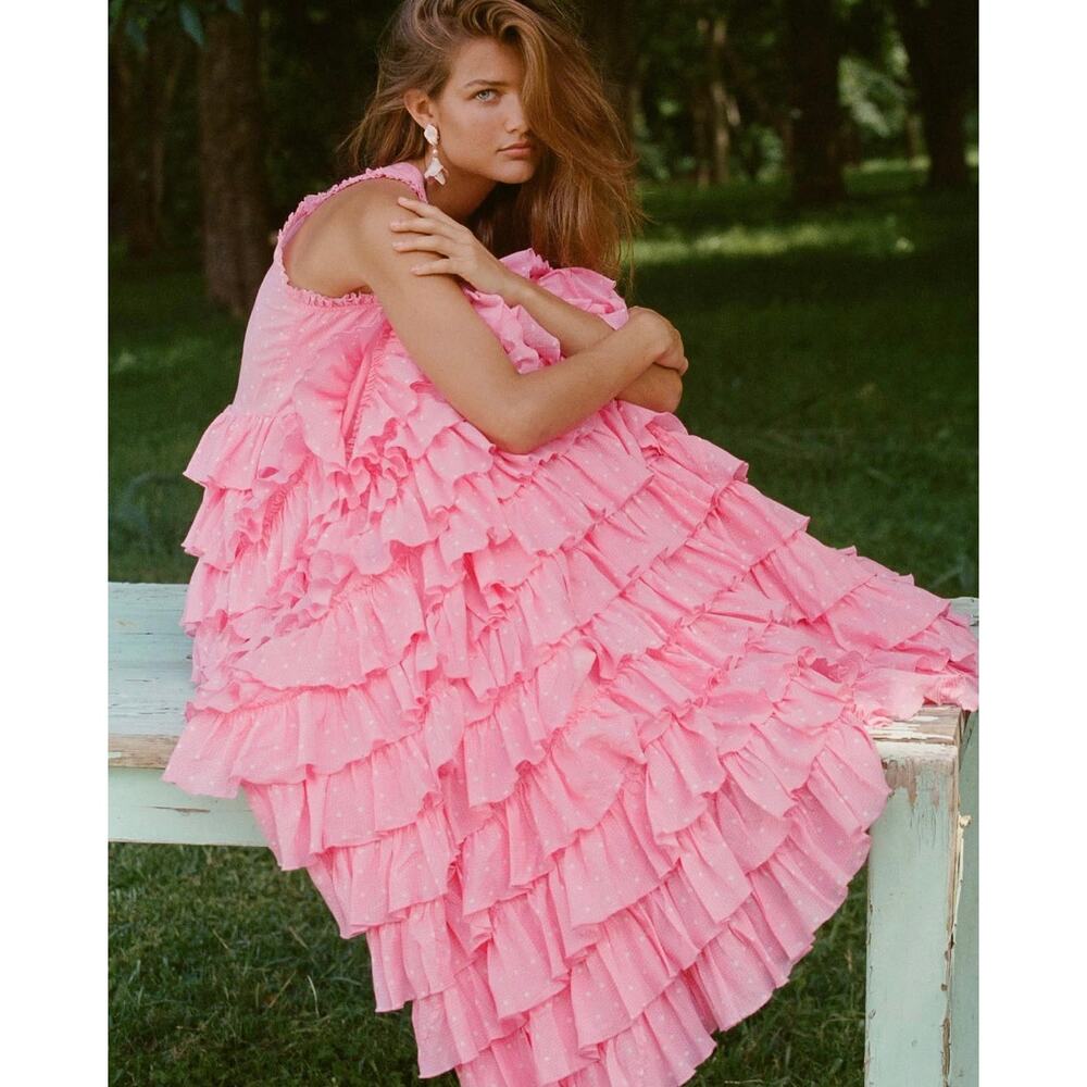 Loveshackfancy Idra Tiered Ruffle Maxi Dress Polka dot Hot Pink Cherry Sz 4 - Picture 4 of 11